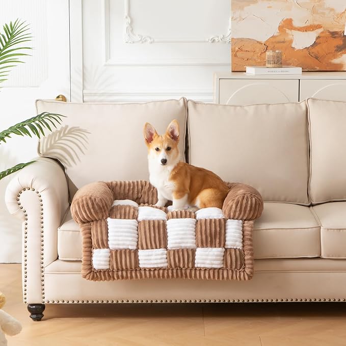Dog Bed for Couch with Bolster, Comfy Couch Cover for Dogs Washable, Non-Slip Plush Furniture Protector, Calming Fuzzy Lounge Mat, Pet Sofa Accessories (Brown, Medium)