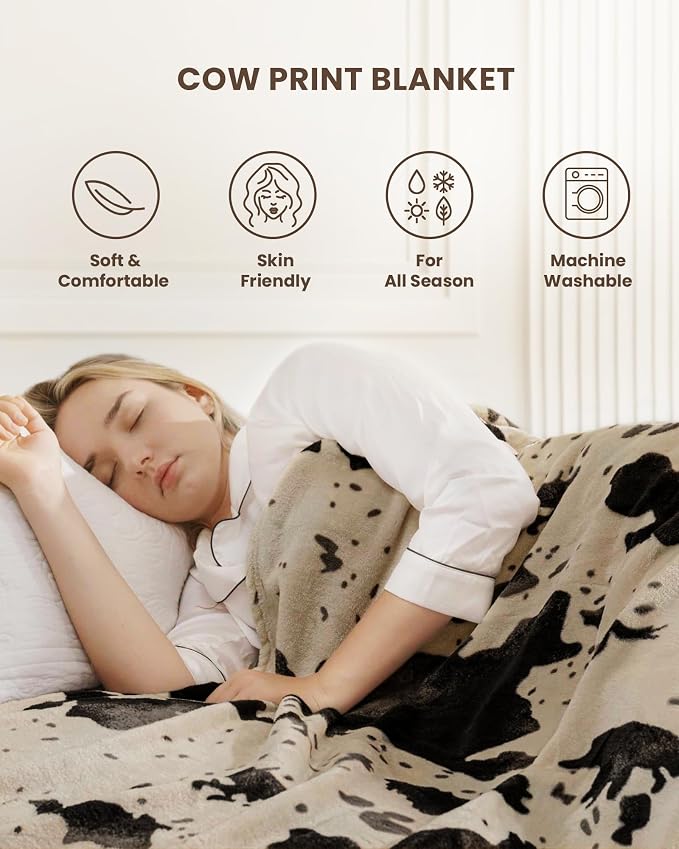 Cow Print Blanket Ultra Soft Flannel Throw Blanket for Couch Bed, Cute Cozy Lightweight All-Season Fleece Blanket, Gift for Women & Girls, 50×60 Inches Brown