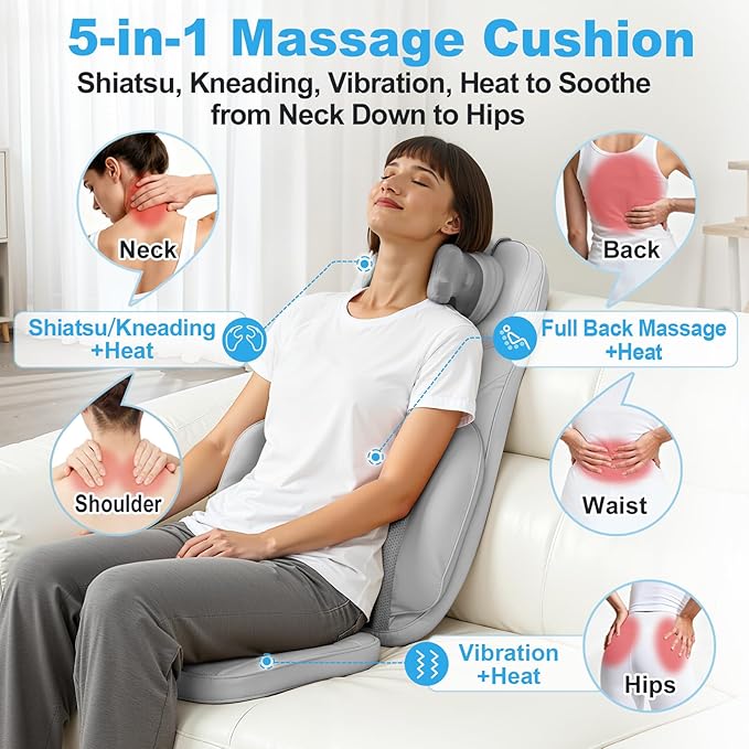 Shiatsu Neck Back Massager with Heat - 4D Kneading Full-Body Massage Cushion with Vibration, Dual-Neck Design, Adjustable Intensity, Height for Release Stress, for Office Chair, Home, Grey