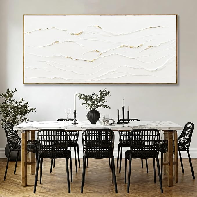 Extra Large Framed White Gold Textured Wall Art for Living Room 32x70 Inch