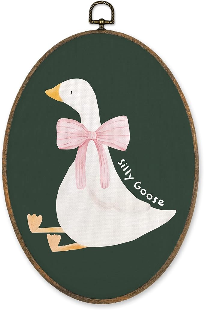 LKETW Coquette Pink Bow Silly Goose Oval Wall Art Decor, Dark Green Goose Oval Canvas Hanging Decor, Preppy Farmhouse Animal Wall Decorations for Girly Room Bedroom Dorm Home, 8.6x11.4 Inch