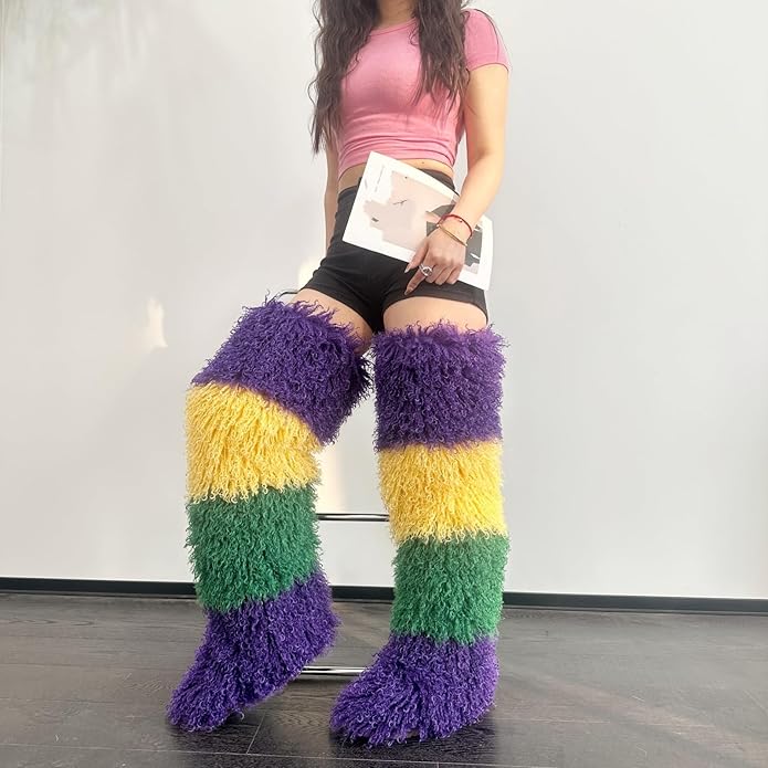SWEETHEART BEAUTY Thigh High Shagy Teddy Fur Boots, 29 Inch Over the Knee Length Fluffy High Boots, Tall Furry Shoes For Women