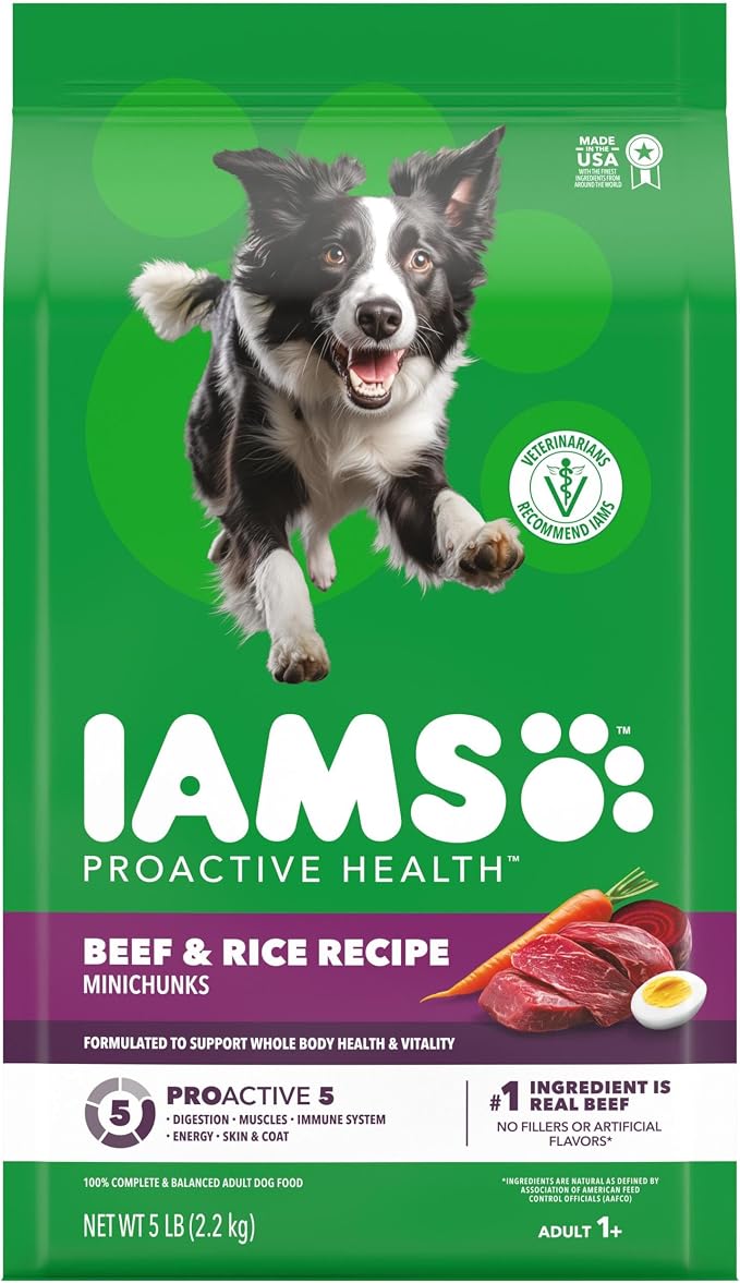 IAMS Proactive Health Adult Minichunks Dry Dog Food, Beef & Rice, 5 lb | Real beef #1 ingredient, no fillers or artificial flavors, glucosamine & chondroitin, supports bones, joints & muscles