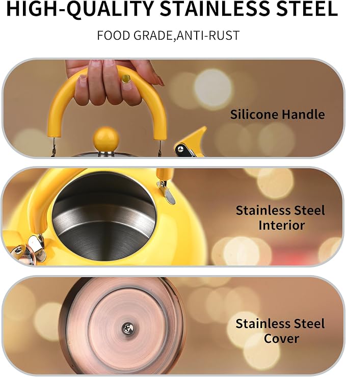 2.6 Quart Yellow Whistling Tea Kettle, tea pot, Stainless Steel, Cool-Touch Handle, Loud Whistle, 7.48-inch Base, Induction Compatible