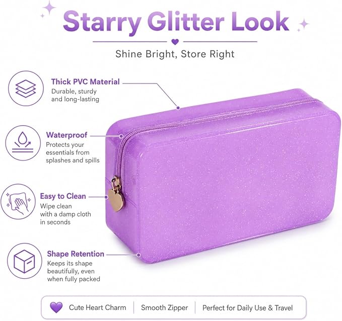 RSRSLEII Stardust Twinkle Jelly Travel Makeup & Toiletry Bag, Waterproof PVC Cosmetic Bag/Case for Women，Zipper SPF Beach Bag for Sunscreen Skincare and Daily Essentials (07Purple-Large)