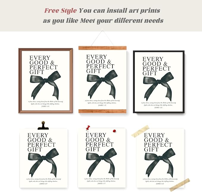 LARTSFRO Coquette Black Bow Christian Gifts Wall Art Decor Posters for Women, Black Bow Bible Room Bedroom Bathroom Dorm Wall Art Decor Aesthetic for Teen Girls Gifts, Inspirational Bible Verses Bow Wall Decor, 10x8 Inch Set of 4 Pcs Bow Pictures (UNFR...