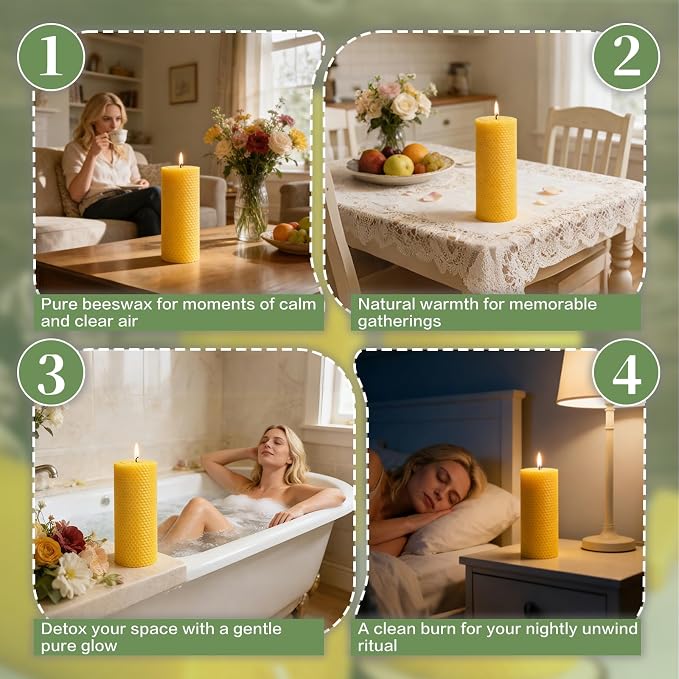2 Pack Large Beeswax Pillar Candles, 2.8x8 Inch Natural Hand-roll Honeycomb Beeswax Candles, 100-Hour Slow Burn, Dripless & Air Purifying for Extended Serenity, Decor & Gifts