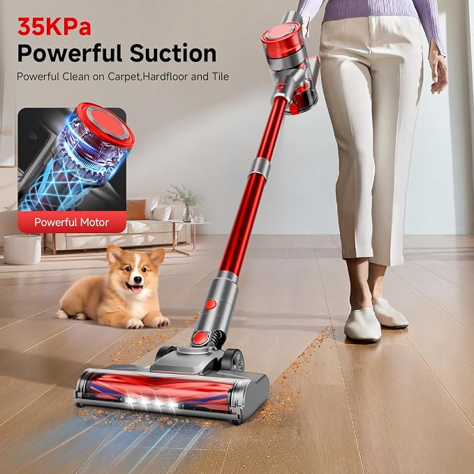 Cordless Vacuum Cleaner, Powerful Stick Vacuum Cleaner for Home with Rechargeable Battery, 6-in-1 Lightweight Handheld Vacuum, 45 Mins Runtime for Hardfloor & Carpets Pet Hair (red)