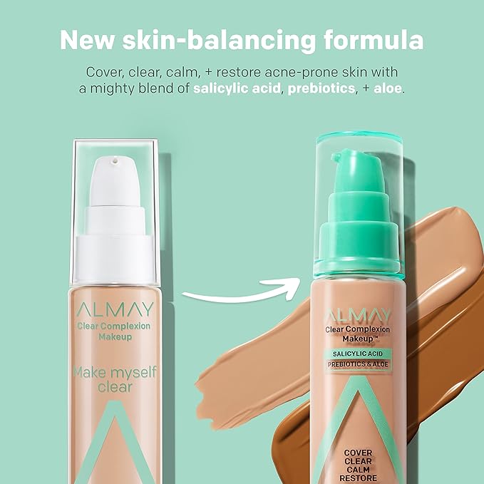 Almay Clear Complexion Acne Foundation Makeup with Salicylic Acid - Lightweight, Medium Coverage, Hypoallergenic, Fragrance Free, for Sensitive Skin, 700 True Beige, 1 fl oz. (Pack of 2)