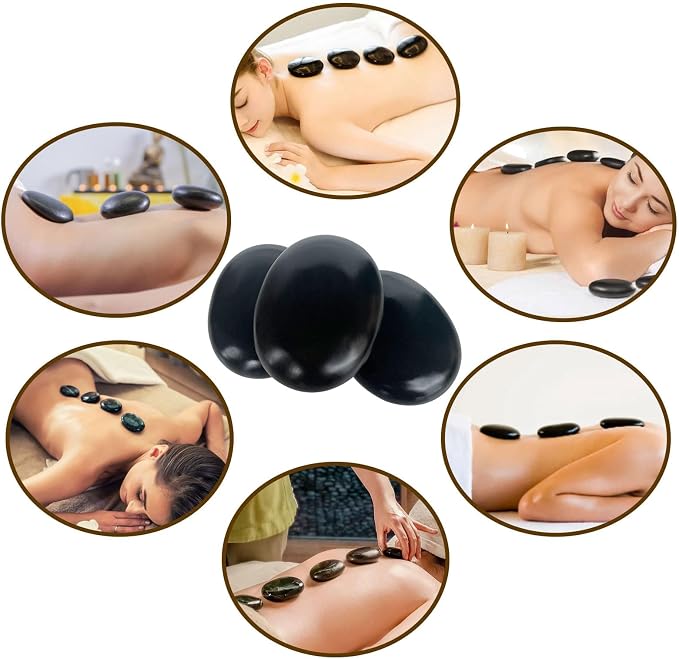 Hot Stone Massage, 3 piece Set Large Oval Hot Stone 3.58x2.78x1.19 inches, Basalt Home spa, Relaxation, Massage Treatment (3PCS)