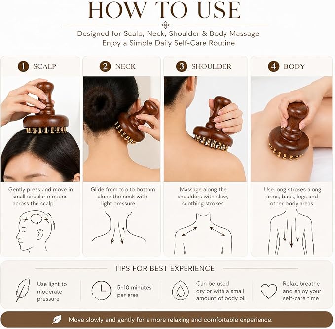 Copper Gua Sha Meridian Massage Brush with 29 Copper Ball Scalp & Body Massage Tool with Sandalwood Handle, Acupressure Massage Brush for Head, Neck, Shoulder & Body Relaxation
