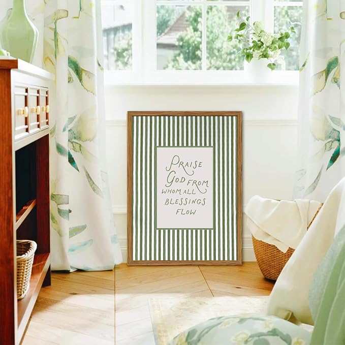 Framed Christian Wall Art, Praise God From Whom All Blessings Flow Scripture Pictures Wall Decor, Sage Green Striped Bible Verse Paintings Canvas Prints Religious Home Decor for Living Room 12x16 inch