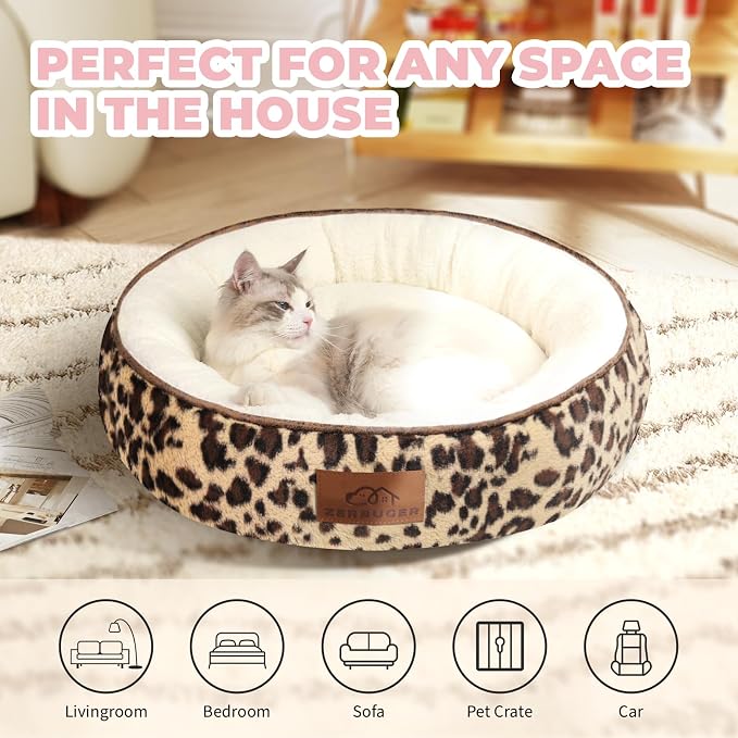 Zerbuger 20in Leopard Round Dog Bed Sofa for Dogs Cats, Machine Washable | for Small/Medium/Large Dogs Cats, Foam Pet Couch with Removable Mat Non-Slip Bottom, Pet Cuddler for Indoor/Outdoor/Car/Cage