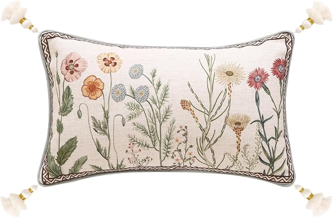 Designer Vintage Linen Throw Pillow Cover,20"x12"-Serenity D | French Elegant Rectangle Decor Pillow Cover,Concealed Zipper Design,Light Beige,Sofa,Bedroom,Living Room,Chairs