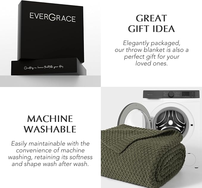 EVERGRACEHOME Chunky Chenille Knit Throw Blanket, 90 x 90, Olive Green | Sculpted Moss Stitch, Chic Modern Farmhouse, All-Season Warmth, OEKO-TEX® Certified, Oversized Queen for Couch, Bed, Sofa
