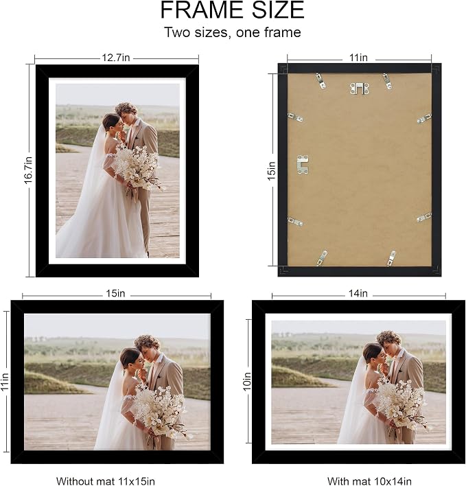 Hongkee 11x15 Picture Frame Set of 4, Made of Real Glass and Black Frame - Display Picture 10x14 with Mat or 11x15 Without Mat, 11 by 15 Photo for Wall Mounting