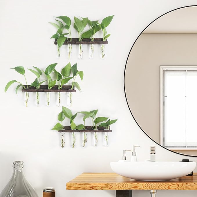 Wall Hanging Plant Propagation Station 15 Glass Test Tubes - Brown | 3 Tiered Vase Planter for Hydroponic Home Garden Office Decor, Gardening Gifts for Women Plant Lover