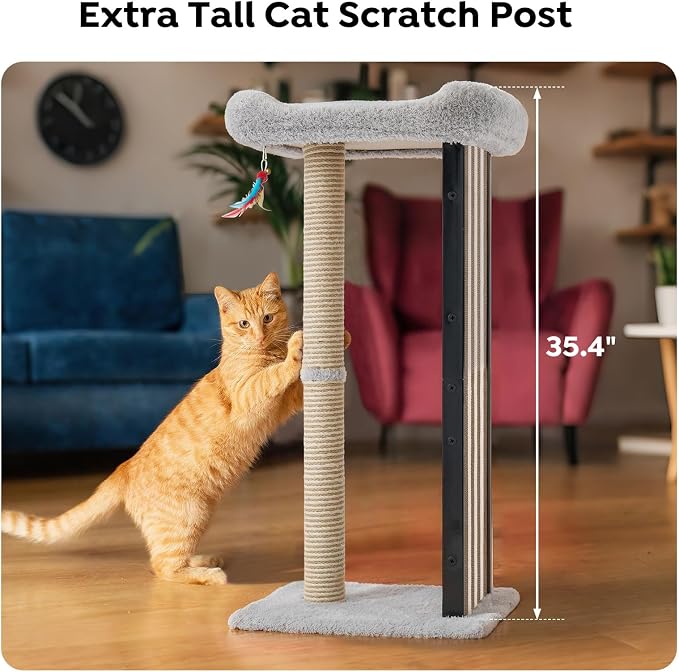 Veehoo 35" Tall Cat Scratching Post for Indoor Cats, Sturdy Cat Scratch Pad | Scratch Post with Plush Top Bed & Replaceable Metal Frame Scratching Board, Easy assembly