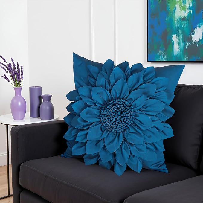 Navy Blue Accent Flower Decorative Throw Pillow Covers for Bed Sofa Couch | Bella's Giftshop Handmade Sunflower Taffeta Pillow Cases Living Room Bedroom Decor, 18x18 Inch
