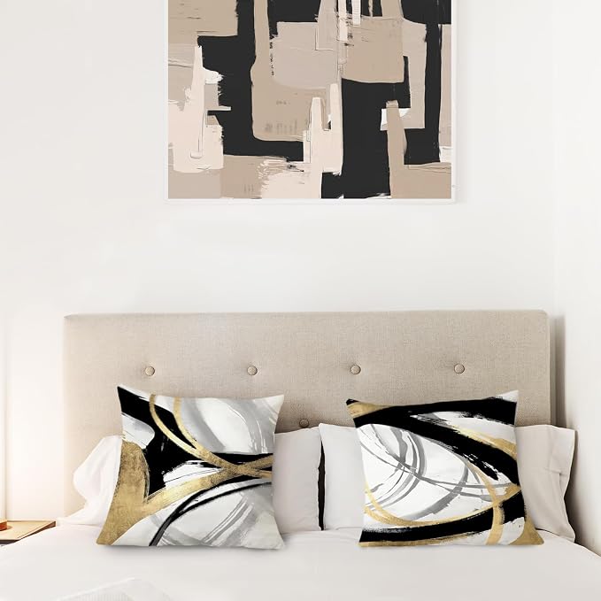 Black White and Gold Pillow Covers, Abstract Black and Gold Pillow Covers 16x16 Set of 2, Modern Boho Home Decor, Black and Gold Decorative Throw Pillows Cover for Couch Living Room Bedroom