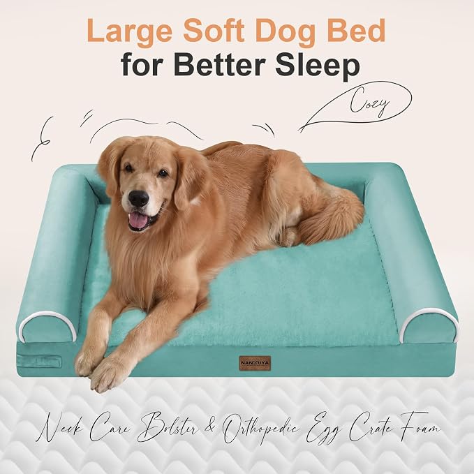 Orthopedic Dog Bed for Large Dogs, 36 x 27 Inch, Aqua Blue | Egg crate foam for joint support, 3-sided bolster pet sofa, waterproof lining, washable cover, and non-skid base