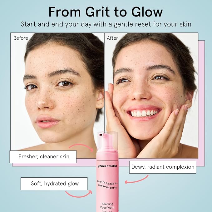 grace & stella Award Winning Travel Face Wash (60ml) Hydrating & Gentle Foaming Facial Cleanser with Hyaluronic Acid, Rose Water, Aloe Vera - Moisturizing Cleansing Foam for Normal to Very Dry Skin