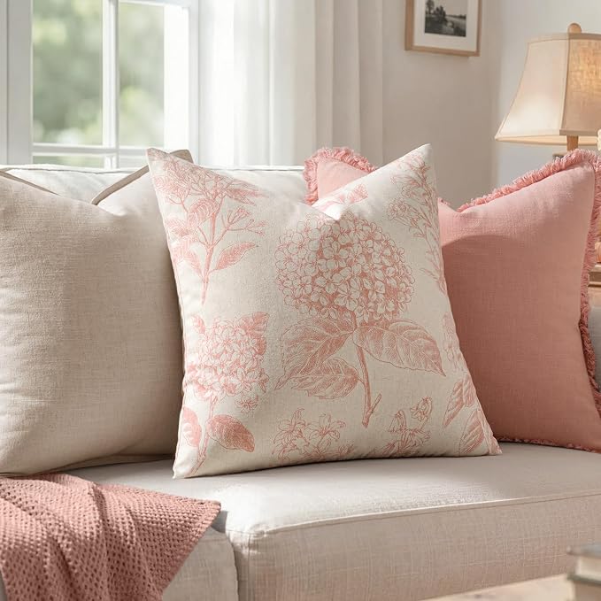 Set of 2 Decorative Floral Pillow Covers 20x20 Inch Light Pink | Neutral Hydrangea Print, Boho Vintage Throw Cushion Covers, Cottagecore Home Decor, for Sofa Couch Porch Bedroom Living Room