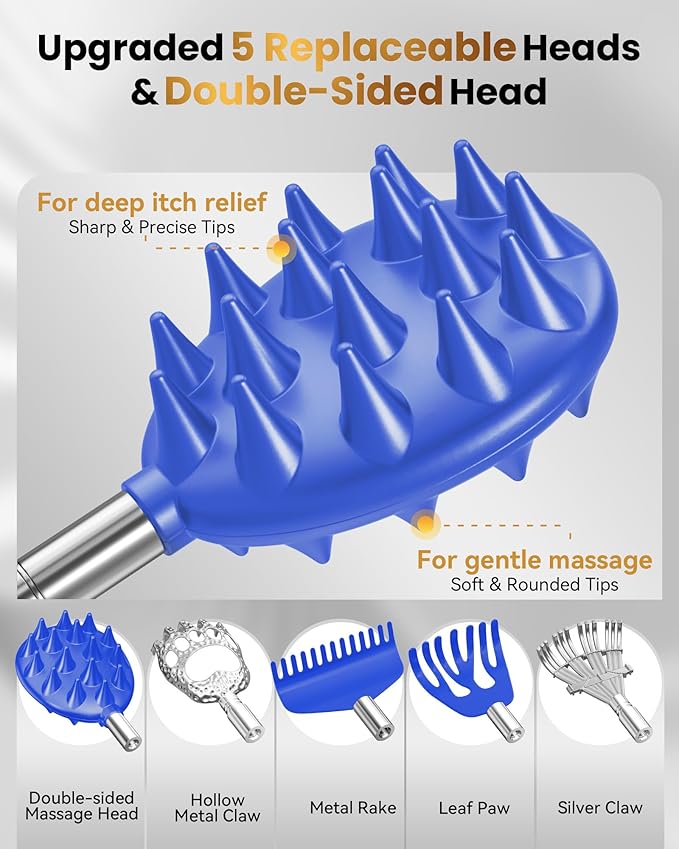 Upgraded Reinforced Telescoping Back Scratcher with 5 Detachable Heads, Larger Scratching Tips, Stocking Stuffer & White Elephant Gifts for for Men Women Adults