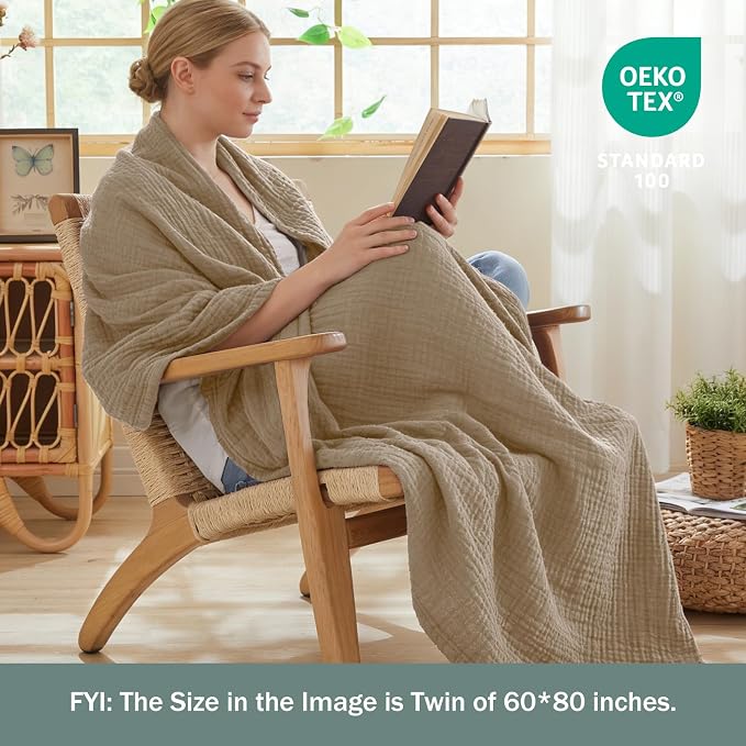 EMME Muslin Blankets for Adults Throw Blanket for Couch Breathable Gauze Soft Lightweight Airy Tan Queen 90" x 90"