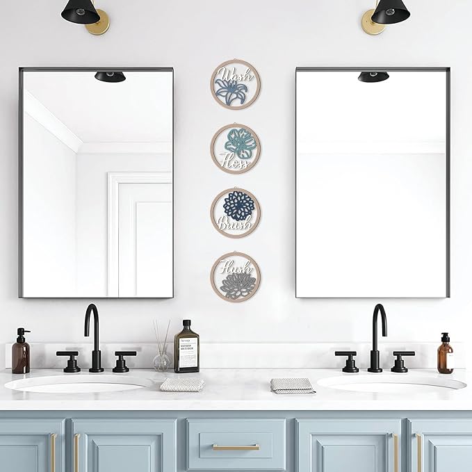 HPNIUB Farmhouse Bathroom Wall Decor, Blooming Floral Wall Art, 4 Pieces 10''x10'' Wash Brush Floss Flush Rustic Wood Plaque, Funny Bathroom Quote Wooden Sign for Home Spa Bathroom Laundry Washroom