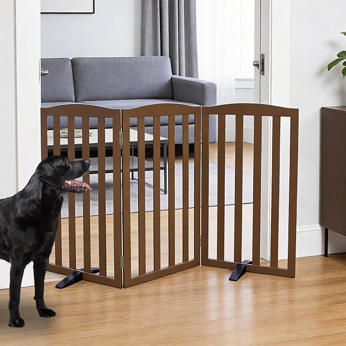 ZJSF Foldable Freestanding Indoor Dog Gate for House Wood Long Pet Gates Dog Fence for Stairs Puppy Gates for Hallways, Puppy Gate,Support Feet Included, Brown, 32 "Height-3 Panels