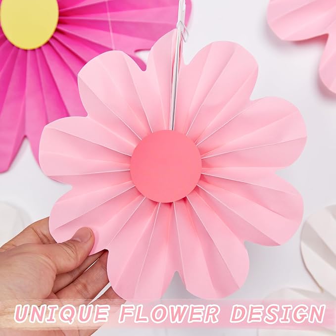 SUNBEAUTY Paper Flowers Decorations Pink Daisy Paper Flowers Decorations for Wall Hanging Paper Fans Decoration Floral Backdrop Decor for Birthday Wedding Baby Shower Classroom Decoration Set of 9