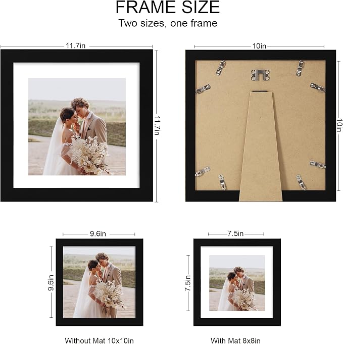 Hongkee 10x10 Picture Frame Set of 4, Made of Real Glass and Black Wooden Frame - Display Picture 8x8 with Mat or 10 x 10 Without Mat, 10 by 10 Photo for Wall or Tabletop