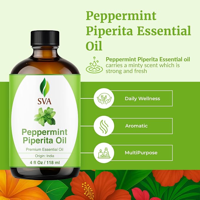 SVA Peppermint Piperita Essential Oil 4 Fl Oz – for Diffuser, Skin & Hair Care – Ideal for Massage & DIY Blends - with Dropper