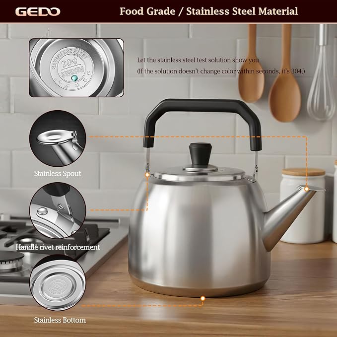 GEDO Stainless Steel Whistling Tea Kettle, 304 Food Grade, Large Capacity, Stovetop Kettle for Gas Stove and Induction Cooktop (5L/5.28QT)