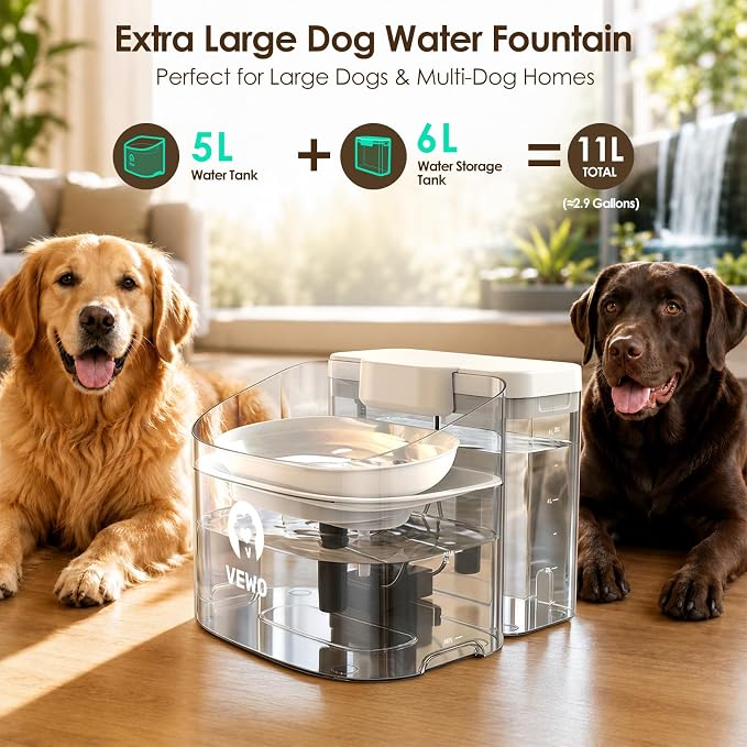 11L/372oz Large Dog Water Fountain, No Spill Automatic Dog Water Bowl Dispenser with Multi-Layer Filtration, Flowing Dog Water Dispenser with Deep Basin, BPA-Free, Ultra Quiet and Easy to Clean