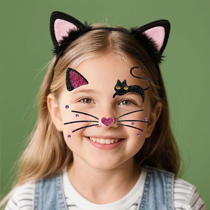 Cat Glitter Face Tattoo Stickers for Kids - - Temporary Body Art Makeup for Halloween, Cosplay, Birthday Party, Festival -Waterproof Fake Tattoo Stickers - 2Pcs (Animal Design)