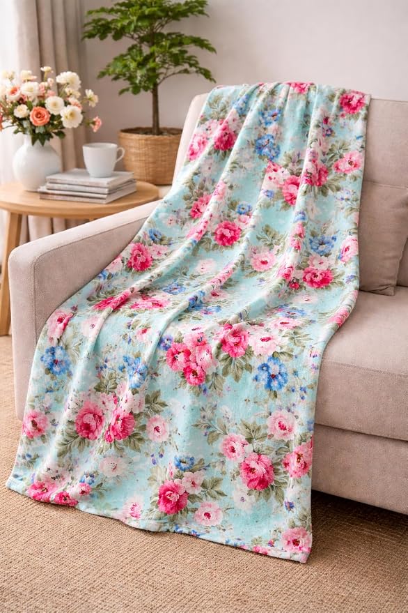 Spring Velvet Fleece Floral Throw Blanket: Rose Garden of Pink Blue Green Flowers on a Colorful Soft Cozy Aqua Design, Oversized 50" x 70"