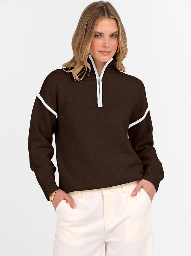 ANRABESS Womens Quarter Zip Sweaters Fall Long Sleeve V Neck Shirts Collared Business Casual Tops Knit Pullover Sweatshirts