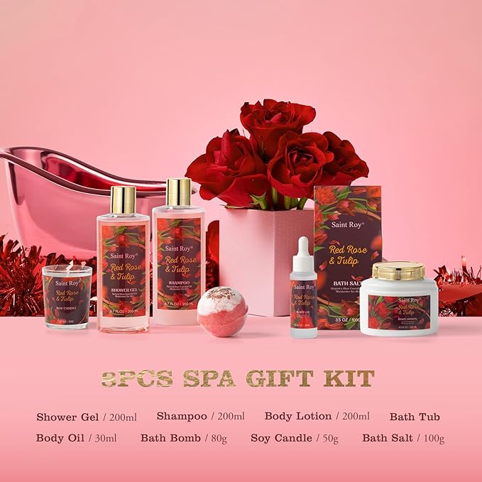 Mother's Day Gifts for Women, spa kit Gifts for Her Mother's Day Bath Spa Gift Set Red Rose & Tulip Spa Basket Kits for Women, Contains Body Oil, Body Lotion, Salt, Self care baskets Mother Gift