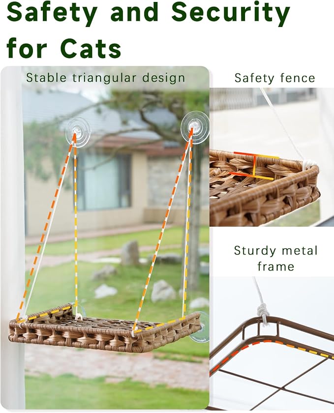 SETVSON Cat Window Perch 2-in-1 Cat Window Hammock Bed, Wall Shelves | Handwoven PE Rattan Kitty Seat with 4 Suction Cups, Double-Sided Washable Cushion Bed, 2.3" Fence, 16.5x12.6 In, Home Decor