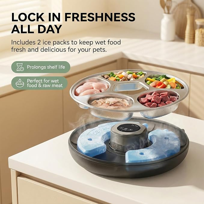 Ownpets 6 Meals Automatic Cat Feeder for Wet/Dry Food, with 2 Ice Packs, Programmable Timed Pet Feeder, Cordless Rechargeable Battery Auto Feeder for Cats/Small Dogs (Black)