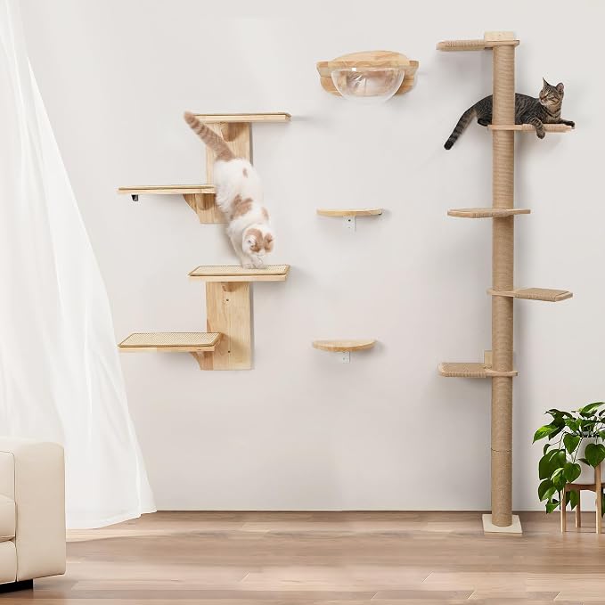 FUKUMARU Cat Wall Shelves, 2 Platform Kitten Wall Furniture, Tree Shape Wall-Mounted Floating Shelf with Sisal Mat, Solid Rubber Wood Cats Perch for 16 Inch Drywall, Suitable for Climb, Play, Nap | Floating Shelf Kitten Furniture, Solid Rubber Wood Cat...