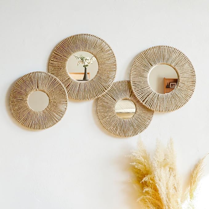 Artilady Hanging Baskets Wall Art with Mirror, 4Pcs Boho Coastal Wall Decor | Woven Wicker Basket, Farmhouse Rustic Jute, Bedroom Living Room Nursery Home Decor