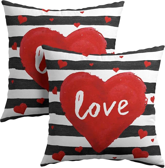 Kawani Valentine's Day Throw Pillow Covers 20x20 Set of 2 Romantic Red Love Stripes Decorative Pillow Cases Cotton Linen Cushion Cover for Lovers Home Sofa Couch Wedding Anniversary Decor