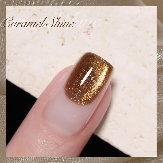 GAOY Jelly Brown Cat Eye Gel Nail Polish, 16ml Glitter Holographic Nail Polish with Magnet, Reflective Translucent UV Gel, 2958 Caramel Shine