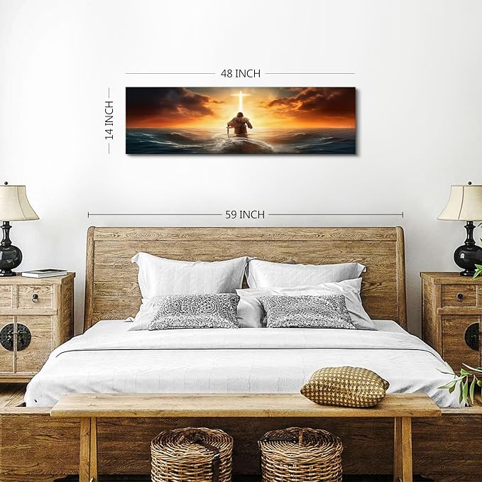 Christian Bible Canvas Wall Art for Bedroom Above Bed, Jesus Walking on Water Picture Wall Decor Sunrise Ocean Sea Cross Painting Prints Spirit Religious Faith Poster Artwork Office Decorations 14x48"