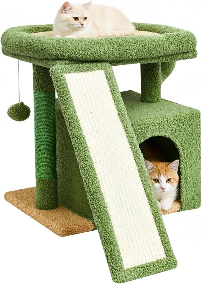 Small Cactus Cat Tree for Indoor Cats, Green Cat Tower with Scratching Post & Board, Unique Cactus Cat House with Perch for Kittens, Stable Condo and Stand (Green)