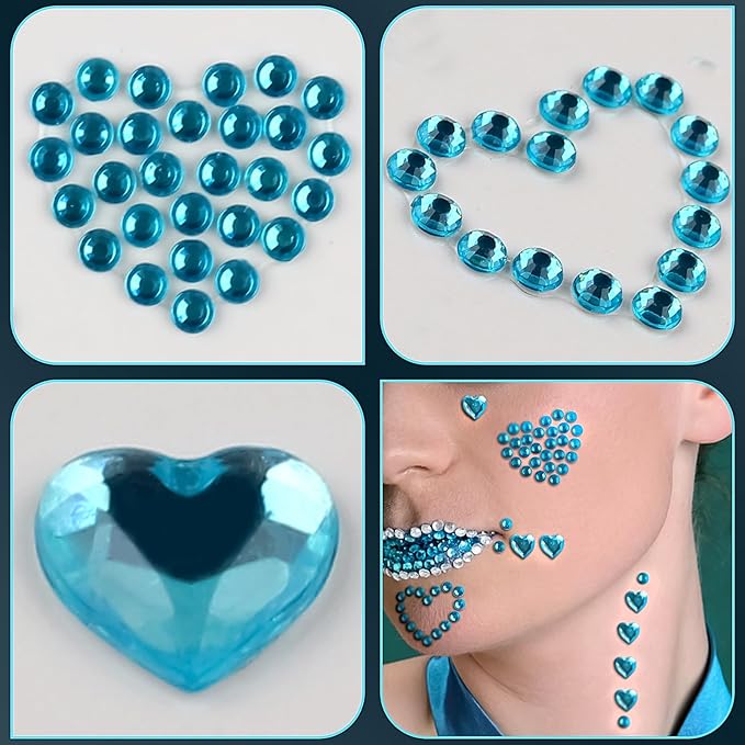 3Sheets Heart Gem Stickers Jewels for Crafts, Face Makeup - Self Adhesive Rhinestone Jewel Stickers, Stick on Gems Rhinestones for Crafts, Craft Supplies for Kids (03.Water Blue Heart)