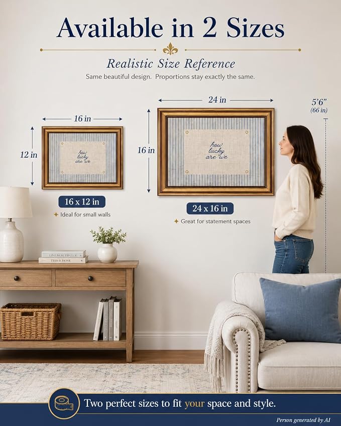Vintage Gold Framed Wall Art, How Lucky Are We Quote Canvas, 16x24IN | Blue striped inspirational print with a rustic farmhouse look for bedrooms, living rooms, nurseries, dorms, or entryways.